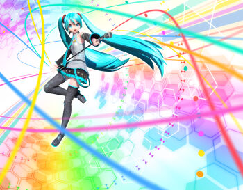 1girl 3d aqua_eyes aqua_hair aqua_necktie aqua_skirt bare_shoulders black_footwear black_skirt black_sleeves black_thighhighs breasts eyebrows_hidden_by_hair grey_shirt hair_between_eyes hatsune_miku headphones highres holding holding_microphone_stand long_hair looking_at_viewer microphone microphone_stand multicolored_background necktie official_art open_mouth outstretched_arm petite project_diva_(series) shirt skirt sleeveless sleeveless_shirt small_breasts solo thighhighs twintails very_long_hair vocaloid wide_sleeves zettai_ryouiki