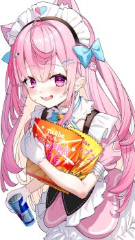 1girl animal_ears apron bag bag_of_chips blue_bow blue_bowtie blush bow bowtie braid can cat_ears cat_girl commentary darjeeling_(reley) dress energy_drink extra_ears fang frilled_apron frilled_dress frills gloves hair_bow half_up_braid highres holding holding_bag holding_can indie_virtual_youtuber layered_dress long_hair maid maid_headdress open_mouth pink_dress pink_eyes pink_hair puffy_short_sleeves puffy_sleeves short_sleeves simple_background skin_fang symbol-only_commentary two_side_up virtual_youtuber white_apron white_background white_gloves yuuki_sakuna yuuki_sakuna_(3rd_costume)