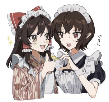 2girls alternate_costume apron black_dress bow brown_eyes brown_hair commentary_request dress enmaided eye_contact frilled_bow frilled_hair_tubes frills hair_bow hair_tubes hakurei_reimu heart_hands_failure japanese_clothes kimono long_hair long_sleeves looking_at_another maid maid_apron maid_headdress multiple_girls open_mouth pink_kimono pointy_ears puffy_short_sleeves puffy_sleeves red_bow red_eyes shameimaru_aya short_hair short_sleeves simple_background smile sparkle thumbs_up touhou translation_request uehara_suiyo wa_maid white_apron white_background wide_sleeves wrist_cuffs