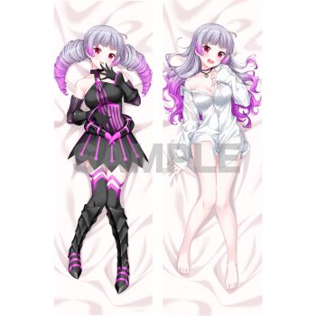 1girl alternative_girls bare_shoulders barefoot bed_sheet black_boots black_choker black_dress black_gloves black_sleeves black_thighhighs blunt_ends blush boots breasts button_gap choker cleavage collarbone dakimakura_(medium) detached_sleeves dot_nose dress drill_hair full_body gloves gradient_hair grey_hair hair_down hand_on_own_chest hand_on_own_stomach hand_to_own_mouth head_tilt knee_boots long_hair long_sleeves looking_at_viewer medium_breasts meya_fontaine multicolored_hair multiple_views no_pants official_art open_mouth pendant_choker purple_dress purple_hair red_eyes sample_watermark second-party_source see-through_clothes see-through_shirt sheet_grab shirt single_off_shoulder sleeveless sleeveless_dress smile thighhighs twin_drills twintails two-tone_dress watermark wet wet_clothes wet_shirt white_shirt zettai_ryouiki