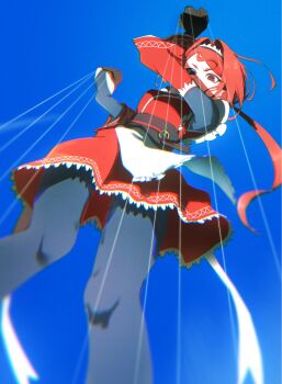 1girl apron black_pantyhose blue_background breasts chromatic_aberration commentary_request dress frilled_apron frilled_kimono frills from_below goku_stubushi gradient_background hair_between_eyes hair_intakes hairband highres japanese_clothes joints kimono large_breasts long_hair long_sleeves looking_down low_ponytail maid maid_apron maid_headdress pantyhose ponytail re:zero_kara_hajimeru_isekai_seikatsu red_dress red_eyes red_hair red_kimono solo string wa_maid waist_apron white_apron white_hairband wide_sleeves yae_tenzen