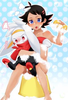 0_8_5_ohako 1boy antenna_hair bath_stool black_hair blue_eyes blush commentary_request eyelashes foam gen_8_pokemon goh_(pokemon) hand_up holding holding_sponge nintendo nude on_lap open_mouth pokemon pokemon_(anime) pokemon_(creature) pokemon_journeys pokemon_on_lap polka_dot polka_dot_background raboot sitting sponge stool teeth tongue washing