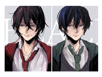 Rule 34 | 2boys, black hair, brothers, character name, closed mouth, collar, eyebrows hidden by hair, green necktie, grey eyes, hair between eyes, harry potter (series), hogwarts school uniform, male focus, multiple boys, necktie, panels, red necktie, regulus black, school uniform, shirt, short, short hair, siblings, sirius black, striped necktie, upper body, white shirt, wing collar, wizarding world, womuwomu