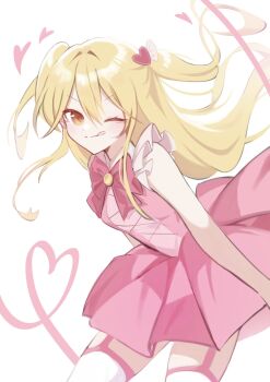 Rule 34 | 1girl, bare arms, blonde hair, don quixote (project moon), garter belt, hair between eyes, highres, hiheoy, limbus company, long hair, looking at viewer, one eye closed, project moon, simple background, solo, thighhighs, thighs, tongue, tongue out, white thighhighs, yellow eyes