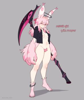 1girl absurdres animal_ears animal_feet animal_hands anklet black_halo breasts claws colored_pubic_hair commentary crossed_bangs english_commentary english_text female_pubic_hair grey_background hair_between_eyes halo highres holding holding_scythe holding_weapon jacket jewelry large_hands long_hair medium_breasts monster_girl naked_jacket navel nipples original pink_eyes pink_fur pink_hair pink_pubic_hair pubic_hair rabbit_ears rabbit_girl rabbit_tail scythe simple_background skull_print solo tail twitter_username unreal_fish weapon