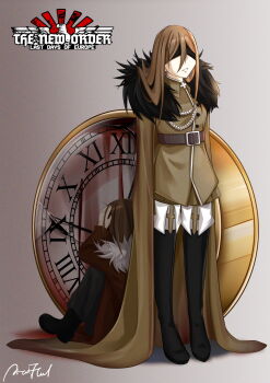 1girl 2girls absurdres arnold_fland belt black_boots blood boots brown_belt brown_cape brown_hair cape clock copyright_logo covered_eyes cross dual_persona fur_trim hearts_of_iron highres logo multiple_girls original personification roman_numeral russia the_new_order:_last_days_of_europe