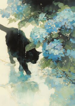 animal_focus black_cat blue_flower cat flower highres momowaaai no_humans outdoors rain reflection solo water_drop