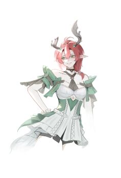 1girl absurdres bare_shoulders breasts ciaccona_(wuthering_waves) commentary cropped_legs deardd dress green_eyes green_jacket hair_between_eyes hand_on_own_hip highres horns jacket medium_breasts parted_lips red_hair sidelocks simple_background smile solo tacet_mark_(wuthering_waves) tree_horns white_background white_dress wuthering_waves