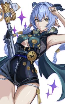 1girl animal_ears arm_up armpits black_unitard blue_hair blue_horns braid breasts cleavage cowboy_shot crossed_bangs earrings goat_ears goat_girl goat_horns hair_between_eyes hair_intakes hand_on_own_head highres holding holding_staff hood horizontal_pupils horns jewelry long_hair looking_at_viewer lucia_elowen medium_breasts mole mole_on_arm parted_lips pointy_ears rxo2xs simple_background single_sleeve solo sparkle staff thighs twin_braids underboob white_background yellow_eyes zenless_zone_zero