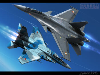 afterburner aircraft airplane blue_sky f-15_eagle fighter_jet highres indian_air_force japan_air_self-defense_force japan_self-defense_force military military_vehicle no_humans original real_life sky su-30 zephyr164