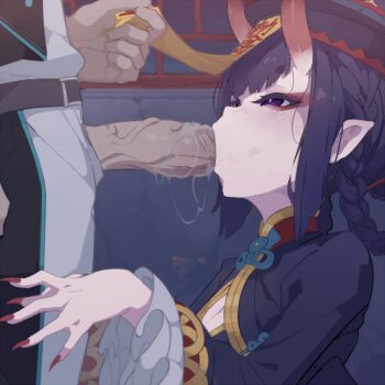 1boy 1girl beret black_dress blush braid braided_hair_rings breasts china_dress chinese_clothes dress erection eyeliner eyeshadow fate/grand_order fate_(series) fellatio fingernails hair_rings hat hetero horns jiangshi kakure_eria long_sleeves makeup nail_polish ofuda oni open_mouth oral penis pointy_ears purple_eyes purple_hair qingdai_guanmao saliva sharp_fingernails short_eyebrows short_hair shuten_douji_(fate) shuten_douji_(festival_outfit)_(fate) skin-covered_horns small_breasts solo_focus thick_eyebrows twin_braids uncensored