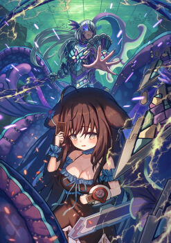 1boy 1girl animal_ears armor black_dress breasts brown_hair card cleavage collarbone dog_ears dog_girl dress duel_disk duel_monster fingernails frilled_dress frills futaba_sharo gao_wei hair_between_eyes highres holding holding_card holding_sword holding_weapon indie_virtual_youtuber long_hair medium_breasts monster_boy octopus_boy open_mouth reaching reaching_towards_another scrunchie sharp_fingernails sword tearlaments_kaleido-heart tearlaments_reinoheart virtual_youtuber weapon white_hair wrist_scrunchie yu-gi-oh!