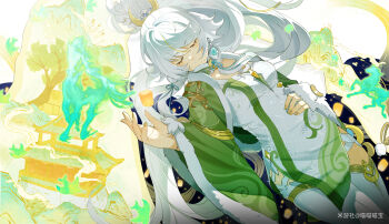 1girl architecture blonde_hair chinese_clothes chinese_commentary chinese_text closed_eyes closed_mouth commentary_request dress east_asian_architecture genshin_impact hair_ornament hand_on_own_stomach high_ponytail highres horse jewelry long_hair long_sleeves miaomiaomiaobao multicolored_hair ponytail sleeping solo stomach streaked streaked_hair thighhighs white_dress white_hair white_thighhighs zibai_(genshin_impact)