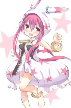 1girl animal_ear_hood anklet bare_shoulders black_camisole blush breasts camisole emil_chronicle_online fake_animal_ears highres hood jacket jewelry long_sidelocks medium_breasts midriff mitama_nanai navel open_mouth pink_hair pink_wings red_eyes shiratama_(teleidoscope) sidelocks skirt solo standing standing_on_one_leg star_(symbol) star_symbol_background white_background white_jacket white_skirt wings