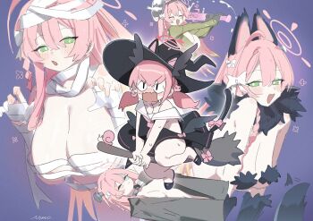 &lt;|&gt;_&lt;|&gt; 2girls absurdres airi_(blue_archive) airi_(blue_archive)_(cosplay) airi_(halloween)_(blue_archive) animal_ears bandages black_eyes black_hat blue_archive blush bow breasts broom broom_riding cleavage closed_eyes commentary cosplay english_commentary flower_symbol frankenstein&#039;s_monster frankenstein&#039;s_monster_(cosplay) green_eyes hair_between_eyes hair_bow halloween halloween_costume halo hanako_(blue_archive) hat head_wings highres holding holding_weapon huge_breasts kazusa_(blue_archive) kazusa_(blue_archive)_(cosplay) kazusa_(halloween)_(blue_archive) koharu_(blue_archive) long_hair mask mask_on_head multiple_girls multiple_views mummy_costume natsu_(blue_archive) natsu_(blue_archive)_(cosplay) natsu_(halloween)_(blue_archive) nemo_(leafnight) open_mouth parted_lips pink_hair sailor_collar signature snail tail twintails weapon white_bow white_sailor_collar wings witch witch_hat yoshimi_(blue_archive) yoshimi_(blue_archive)_(cosplay) yoshimi_(halloween)_(blue_archive)