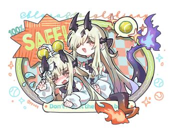 Rule 34 | 2girls, arknights, ball, blue fire, blush, brown hair, commentary request, deformed, dragon horns, dragon tail, fangs, fire, flame-tipped tail, flying teardrops, hair over one eye, highres, horns, multiple girls, necrass (arknights), nose blush, open mouth, ppxdq, reed (arknights), siblings, sisters, spoken object, tail, tearing up, tennis ball, tennis ball on horns, twitter username