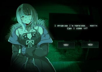 1girl absurdres against_fourth_wall arm_strap black_arm_warmers black_choker black_dress black_hair black_nails breasts chest_belt choker cleavage coat dialogue_box dialogue_options dress dvljoe english_text fur-trimmed_coat fur_trim game_screenshot_background gloves green_theme grey_hair hair_ornament highres hololive hololive_english jewelry lace lace-trimmed_choker lace_choker lace_trim large_breasts long_hair looking_at_viewer multicolored_hair night night_vision no_i&#039;m_not_a_human outdoors parody porch pov_peephole screenshot_background shiori_novella shiori_novella_(1st_costume) smile solo split-color_hair striped_arm_warmers striped_clothes striped_gloves two-tone_hair virtual_youtuber wooden_porch yellow_eyes