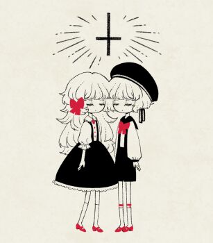 Rule 34 | 2girls, belt, blunt bangs, bow, bowtie, brooch, buttons, character request, closed eyes, collared shirt, cross, eleanor (ohmyeleanor), expressionless, eyelashes, frilled shirt collar, frilled sleeves, frills, full body, grey background, greyscale, hair bow, hat, hat ribbon, high-waist skirt, jewelry, kneehighs, lace-trimmed sleeves, lace trim, leg belt, long hair, long sleeves, mary janes, medium skirt, monochrome, multiple girls, parted lips, pocket mirror, puffy long sleeves, puffy sleeves, red belt, red bow, red bowtie, red shoes, ribbed socks, ribbon, sailor collar, sailor hat, shirt, shoes, short hair, shorts, simple background, skirt, socks, spot color, standing, suspender shorts, suspender skirt, suspenders, three-quarter sleeves, very long hair