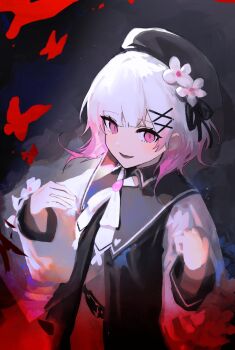 1girl :d absurdres beret black_hat brooch bug butterfly commentary_request fang flower gradient_hair hair_flower hair_ornament hat highres insect jewelry long_sleeves looking_at_viewer mahou_shoujo_no_majo_saiban multicolored_hair neck_ribbon open_mouth pink_eyes pink_hair pireru_pp red_butterfly ribbon sakuraba_ema short_hair smile solo white_flower white_hair white_ribbon x_hair_ornament
