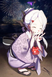 Rule 34 | 1girl, absurdres, aerial fireworks, alternate costume, black horns, blue archive, blush, demon horns, facing viewer, fingernails, fireworks, grin, halo, highres, hina (blue archive), horns, japanese clothes, kimono, long hair, long sleeves, multiple horns, night, outdoors, purple kimono, sandals, shenqi de (9), smile, solo, squatting, toes, white hair, wide sleeves, zouri
