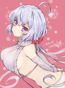 1girl ahoge arms_behind_back blush breasts commentary_request cropped_sweater detached_sleeves embarrassed from_side grey_hair grey_panties grey_sweater large_breasts leaning_forward long_hair looking_at_viewer low_twintails panties purple_eyes red_background ribbed_sleeves ribbed_sweater senki_zesshou_symphogear siawaseusagi3i sideboob sideless_sweater signature sleeveless sleeveless_turtleneck snowflake_background solo sweater turtleneck turtleneck_sweater twintails underwear v-shaped_eyebrows virgin_destroyer_sweater yukine_chris