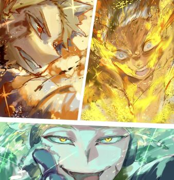 Rule 34 | 3boys, akiyama youkou, all for one (boku no hero academia), bakugou katsuki, blonde hair, blue eyes, boku no hero academia, burning, collage, commentary, explosion, facial mark, forked eyebrows, fur trim, furrowed brow, glowing, glowing eyes, grin, hand up, happy, hawks (boku no hero academia), highres, looking ahead, looking at viewer, male focus, multiple boys, no pupils, official artist extra, open mouth, portrait, profile, red eyes, sanpaku, serious, short hair, sideways mouth, smile, sparkle, spiked hair, spoilers, tongue, tongue out, triangle, triangle facial mark, tsurime, upturned eyes, v-shaped eyebrows, white hair, wide-eyed, yellow eyes