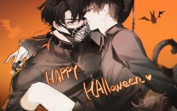 2boys aegyo_sal animal_ears arm_around_neck bat_(animal) black_hair black_shirt black_shorts carrying carrying_person cat_ears cat_tail chain chest_belt collared_shirt feet_out_of_frame grin hair_between_eyes high_collar kemonomimi_mode kim_dokja kyou_tayaoi looking_at_another male_focus multiple_boys muzzle_(mask) omniscient_reader&#039;s_viewpoint shirt short_hair shorts smile tail yaoi yoo_joonghyuk