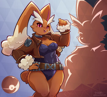 1girl adapted_costume black_leotard breasts brown_sclera cleavage clenched_hand colored_sclera cosplay curvy furry furry_female gen_4_pokemon highleg highleg_leotard highres jacket leotard looking_at_viewer lopunny marvel marvel_rivals nintendo open_clothes open_jacket open_mouth outdoors pink_eyes poke_ball pokemon pokemon_(creature) rabbit_ears rabbit_girl rabbit_tail revealing_clothes rogue_(x-men) rogue_(x-men)_(cosplay) silhouette simple_background skindentation smile standing stephsartlab strapless strapless_leotard superhero_costume tagme wide_hips