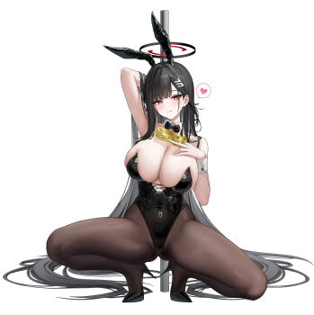 1girl :q absurdres alternate_costume animal_ears arm_behind_head bare_shoulders black_bow black_bowtie black_hair black_halo black_leotard black_pantyhose black_shoes blue_archive blush bow bowtie breasts bright_pupils cleavage closed_mouth collar collarbone commentary detached_collar english_commentary fake_animal_ears fingernails full_body hair_behind_ear hair_spread_out halo hand_in_own_hair heart high_heels highleg highleg_leotard highres holding holding_ticket huge_breasts leotard long_hair looking_at_viewer mixed-language_commentary multicolored_halo pantyhose playboy_bunny pole rabbit_ears red_eyes red_halo rio_(blue_archive) sab_(sab2500) shoes simple_background solo speech_bubble spoken_heart squatting strapless strapless_leotard stripper_pole sweat ticket tongue tongue_out two-tone_halo very_long_hair very_sweaty wet white_background white_collar white_wrist_cuffs wrist_cuffs