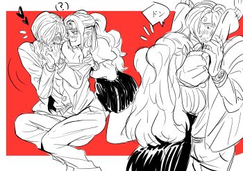 1boy 1girl absurdres against_wall assertive_female beard blazer blood blush charlotte_pudding covering_own_mouth facial_hair femdom formal_clothes hair_over_one_eye hand_over_own_mouth headband heart height_difference hetero highres jacket kabedon muscular muscular_male mustache nosebleed one_piece pulling rita_ya sanji_(one_piece) shy skirt suit twintails unbuttoned undressing_another