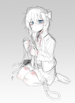 1girl attempted_suicide blazer blue_eyes bow bruise bruise_on_leg collared_shirt commentary crying crying_with_eyes_open doki_doki_literature_club english_commentary gradient_background grey_background hair_bow highres holding holding_rope injury jacket kneeling medium_hair messy_hair neck_injury noose rope sad sayori_(doki_doki_literature_club) school_uniform self-harm shirt sitting sketch skirt solo spot_color tear_stain tears ting_mong trembling