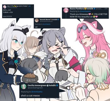 &gt;_&lt; 5girls absurdres ahoge anal_beads anal_tail animal_ears aqua_eyes black_hat bowl brown_eyes brown_hair butt_plug cecilia_immergreen cecilia_immergreen_(1st_costume) cone_hair_bun detached_collar detached_sleeves doll_joints drawing_on_another&#039;s_face fake_tail fish food fox_ears fox_girl frilled_sleeves frills gradient_hair green_hair grey_hair grin hair_bun hair_intakes hat highres holding holding_food hololive hololive_english hololive_indonesia huge_ahoge idfasler joints lock long_hair multicolored_hair multiple_girls nanashi_mumei nanashi_mumei_(emo) official_alternate_costume open_mouth panther_ears panther_girl pet_bowl raora_panthera raora_panthera_(1st_costume) sex_toy shaded_face shirakami_fubuki shirakami_fubuki_(parade_dress) short_hair simple_background smile streaked_hair tail tearing_up tweet twitter vestia_zeta vestia_zeta_(1st_costume) virtual_youtuber white_background white_hair winding_key