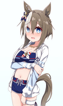 Rule 34 | 1girl, animal ears, bikini, blue background, blue bikini, blue eyes, blue shorts, bright pupils, brown hair, cheval grand (summer calm navy drop) (umamusume), cheval grand (umamusume), commentary request, gradient background, hair between eyes, hiro (pqtks113), horse ears, horse tail, jacket, looking at viewer, multicolored hair, navel, official alternate costume, open clothes, open jacket, short hair, shorts, solo, streaked hair, swimsuit, tail, thigh strap, umamusume, white background, white hair, white jacket, white pupils