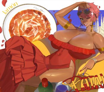 1girl 4_orz arm_up bare_shoulders bottle breasts building couch cross cross_earrings cup dark-skinned_female dark_skin dress drinking_glass earrings english_text falling_petals food gigantic_breasts gold green_eyes ham jewelry la_sagrada_familia lips lipstick makeup nell_(eigaka) on_couch one_eye_closed petals pink_hair plate purple_background signature smile spain_flag spain_flag_print spanish_clothes spanish_text sunglasses_on_head v wine_glass