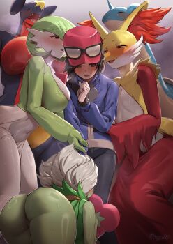 2boys 4girls animal_ear_fluff ass baseball_cap black_hair black_pants blue_jacket blush breasts calem_(pokemon) colored_skin delphox eyewear_on_headwear furry furry_female furry_male garchomp gardevoir gen_1_pokemon gen_3_pokemon gen_4_pokemon gen_6_pokemon green_hair green_skin harem hat in_heat jacket kurage444 lapras large_breasts multiple_boys multiple_girls navel nintendo pants pokemon pokemon_(creature) pokemon_xy pokephilia red_eyes red_hat red_skirt roserade skirt surrounded white_hair white_skin