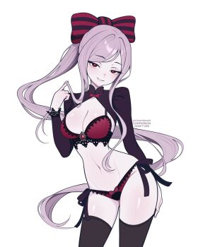 1girl adapted_costume artist_name black_shrug black_thighhighs bow bow_panties bra breasts bright_pupils brooch cleavage commentary commission contrapposto hair_bow half-closed_eyes highres jewelry lace lace-trimmed_bra lace-trimmed_panties lace-trimmed_sleeves lace_trim large_breasts long_hair long_sleeves looking_at_viewer naughty_face navel overlord_(maruyama) pale_skin panties pants parted_lips playing_with_own_hair red_bow red_bra red_eyes red_pants shalltear_bloodfallen shrug_(clothing) side-tie_panties simple_background solo striped_bow thighhighs thighs twitter_username underwear very_long_hair vivianvalenart white_background white_pupils