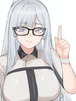 1girl absurdres ackchyually_(meme) ak-12_(girls'_frontline) bespectacled breasts commentary gd146 girls'_frontline glasses grin highres large_breasts long_hair looking_at_viewer meme pointing pointing_up purple_eyes simple_background smile solo symbol-only_commentary unusually_open_eyes upper_body white_background white_hair