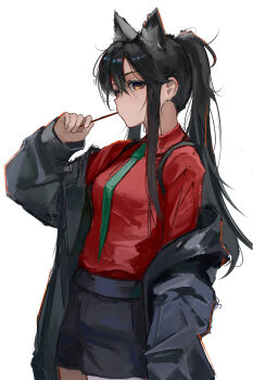 Rule 34 | 1girl, absurdres, animal ear fluff, animal ears, arknights, black coat, black hair, black shorts, chinese commentary, coat, coat partially removed, collared shirt, commentary request, cowboy shot, food, green necktie, hair between eyes, highres, holding, holding food, holding pocky, long hair, long sleeves, looking at viewer, multicolored hair, necktie, off shoulder, official alternate costume, pocky, ponytail, red hair, red shirt, shirt, shorts, simple background, solo, standing, streaked hair, texas (arknights), texas (willpower) (arknights), white background, wolf ears, wolf girl, y feng l, yellow eyes