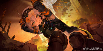 1girl absurdres assault_visor bulletproof_vest cascadia_(neural_cloud) clenched_teeth damingshimingyan fire from_below girls'_frontline girls'_frontline_neural_cloud green_eyes grey_hair highres knee_pads official_art rebar rubble solo sweat teeth watermark weibo_username weibo_watermark