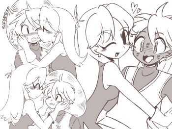! 2girls blush closed_eyes closed_mouth dress earrings full-face_blush gloves green_(pokemon) greyscale hat heart highres jewelry kiss kissing_cheek lipstick_mark lipstick_mark_on_face long_hair long_sleeves looking_at_another looking_at_viewer monochrome multiple_girls nintendo one_eye_closed open_mouth parted_lips pokemon pokemon_adventures ponytail simple_background sleeveless sleeveless_dress sofo_soup speech_bubble spoken_exclamation_mark sun_hat sweat yellow_(pokemon) yuri