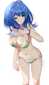 1girl bikini blue_bikini blue_eyes blue_hair breasts closed_mouth food highres large_breasts leaning_forward legs looking_at_viewer make_heroine_ga_oo_sugiru! medium_hair navel one_eye_closed popsicle side-tie_bikini_bottom smile solo swimsuit thighs tongue tongue_out wink yanami_anna