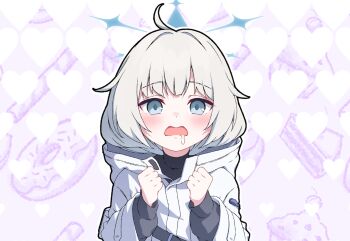 Rule 34 | 1girl, black outline, black shirt, blue archive, blue eyes, blue halo, blush, clenched hands, commentary request, daifuku momiji, drooling, food-themed background, grey hair, halo, hands up, highres, jacket, long sleeves, looking at viewer, maia (blue archive), open mouth, outline, patterned background, saliva, shirt, simple background, solo, straight-on, white jacket