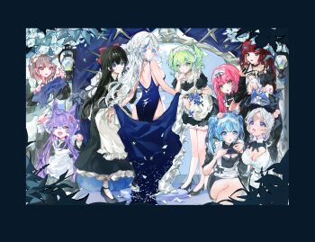 6+girls akane_lize anger_vein aokumo_rin apron arahashi_tabi ass ayatsuno_yuni backless_dress backless_outfit black_dress black_hair black_shoes blue_border blue_dress blue_eyes blue_panties blue_shawl border bow bra breasts brown_hair cleavage clenched_hand closed_mouth commentary_request cone_hair_bun dress dressing_another drooling everyone female_pervert green_eyes green_hair grey_eyes hair_bun hanako_nana hand_up high_heels highres holding holding_unworn_clothes lantern large_breasts long_dress long_hair long_sleeves looking_at_another looking_back maid maid_apron maid_headdress medium_hair multicolored_hair multiple_girls neneko_mashiro open_mouth panties parted_lips pearl_thong pervert pink_hair pumps purple_eyes purple_hair red_eyes red_hair shawl shirayuki_hina shoes short_dress short_sleeves single_sock sleeveless sleeveless_dress smile socks stellive straight_hair streaked_hair tenko_shibuki triangle_mouth turning_head twintails underwear unworn_bow unworn_bra unworn_panties very_long_hair virtual_youtuber white_apron white_socks yamada_dickson yuzuha_riko