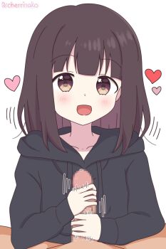 Rule 34 | 1boy, 1girl, aged down, blush, brown eyes, brown hair, censored, cherrinako, erection, female focus, happy, happy sex, heart, hetero, masturbation, medium hair, nanase kurumi (menhera-chan), nose, open mouth, penis, simple background, spread legs, white background