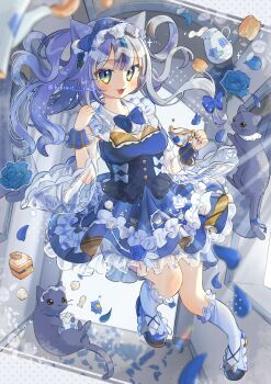 Rule 34 | 1girl, :3, :d, animal, animal ear fluff, animal ears, blue bow, blue bowtie, blue dress, blue flower, blue hair, blue rose, blush, bow, bowtie, breasts, cat, cat ears, cat girl, cat tail, cleavage, commentary, cup, detached sleeves, dress, flower, frilled sleeves, frilled socks, frills, full body, green eyes, hair bow, hand up, highres, holding, holding cup, kneehighs, long hair, looking at viewer, medium breasts, open mouth, original, rose, see-through clothes, see-through sleeves, sleeveless, sleeveless dress, smile, socks, solo, symbol-only commentary, tail, teacup, tsukumi bis, twitter username, white socks, wide sleeves