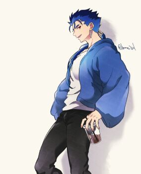 1boy black_pants blue_hair cu_chulainn_(fate) cu_chulainn_(lancer)_(fate) cup disposable_cup earrings fate_(series) from_side holding holding_cup jewelry long_hair looking_at_viewer male_focus pants parted_lips ponytail red_eyes shirt solo white_shirt yukota_2631