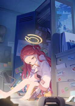 1girl absurdres barefoot blue_archive blurry blurry_foreground bow braid ceiling chest_of_drawers clock closed_mouth commentary controller couch depth_of_field doodle_sensei_(blue_archive) feet game_console game_controller grey_eyes hair_bow halo handheld_game_console high_collar highres holding holding_handheld_game_console in_locker indoors jacket knee_up locker long_hair long_sleeves looking_at_viewer m320 multiple_hair_bows nyan_cat one_side_up pendulum_clock photo_(object) poster_(object) qianjing red_hair sensei_(blue_archive) sitting smiley_face solo sticker tile_ceiling tile_floor tiles tissue_box toes very_long_hair wall_clock white_bow white_jacket yellow_halo yuzu_(blue_archive)