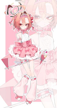 1girl absurdres ahoge alternate_costume averting_eyes bare_shoulders blue_archive bow center_frills commentary_request cross-laced_clothes frilled_skirt frilled_thigh_strap frills full_body hair_between_eyes hair_intakes halo highres holding holding_staff huge_ahoge magical_girl miniskirt mo2upoyo mole mole_under_each_eye mole_under_eye multiple_moles neru_(blue_archive) parted_lips pink_bow pink_skirt red_eyes red_hair shirt short_hair skirt sleeveless sleeveless_shirt staff sweatdrop thigh_strap tsurime white_shirt zoom_layer