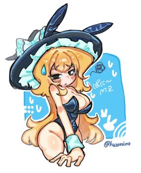 1girl @_@ animal_ears artist_name black_leotard blonde_hair blue_background blush bow breasts cleavage commentary_request cropped_legs crossed_bangs fake_animal_ears groin hat hat_bow highleg highleg_leotard kirisame_marisa large_breasts leotard long_hair looking_at_viewer melanin_shikiso playboy_bunny signature simple_background solo squiggle strapless strapless_leotard sweatdrop thick_thighs thighs touhou two-tone_background white_background white_wrist_cuffs witch_hat wrist_cuffs yellow_eyes
