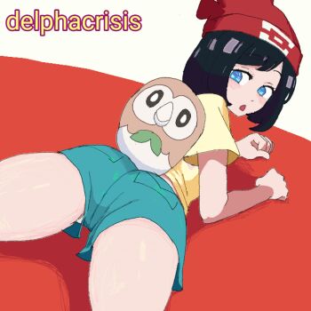 1girl animal animal_on_ass ass bird black_hair blue_eyes blush delpha_crisis from_behind gen_7_pokemon green_shorts hat looking_at_viewer looking_back lying nintendo open_mouth owl panties panty_peek pokemon pokemon_(creature) pokemon_sm red_background red_hat rowlet selene_(pokemon) shirt short_hair short_sleeves shorts two-tone_background underwear white_background white_panties yellow_shirt